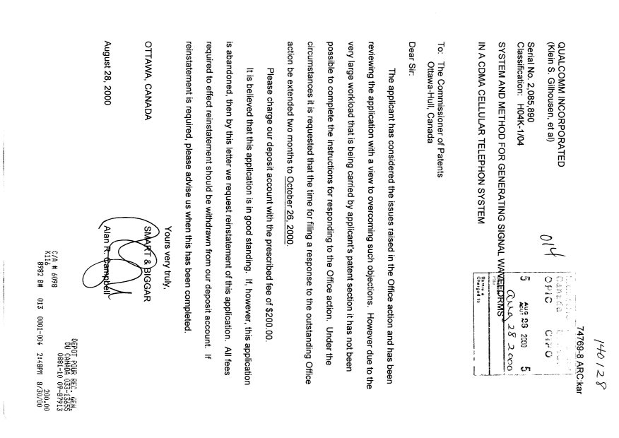 Document de brevet canadien 2085890. Correspondance 20000828. Image 1 de 1