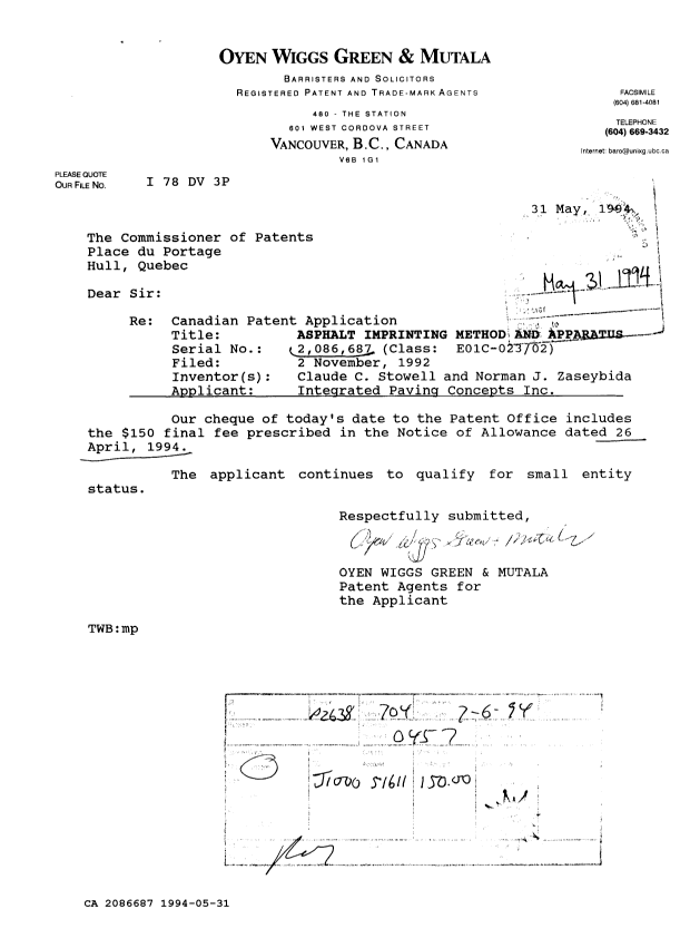 Canadian Patent Document 2086687. PCT Correspondence 19940531. Image 1 of 1