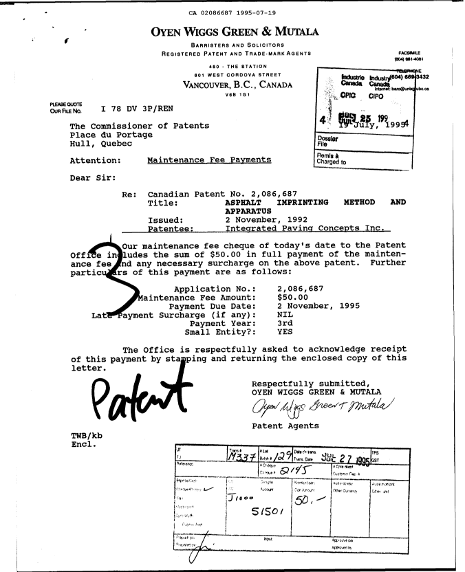 Canadian Patent Document 2086687. Fees 19950719. Image 1 of 1
