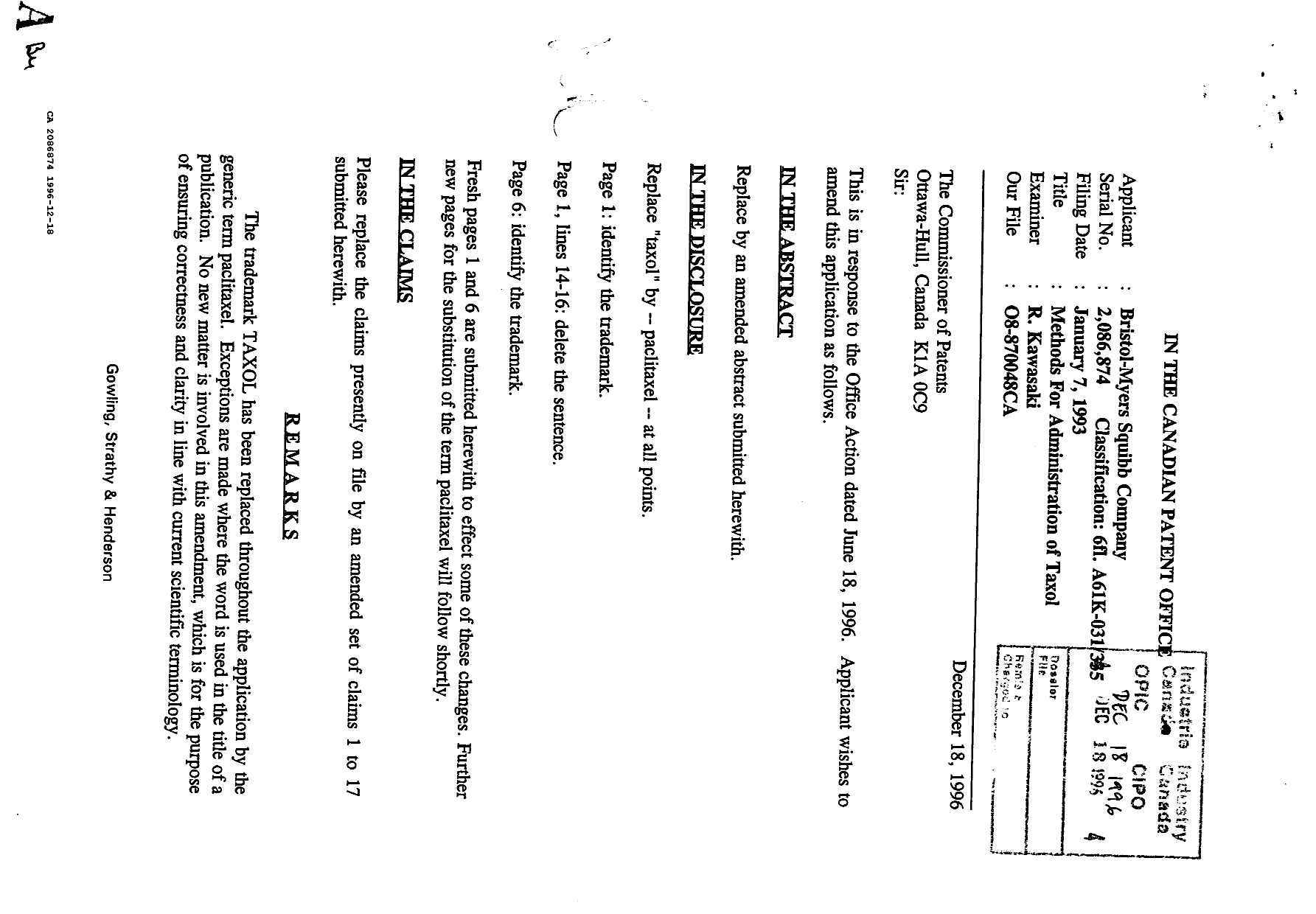 Canadian Patent Document 2086874. Prosecution Correspondence 19961218. Image 1 of 40