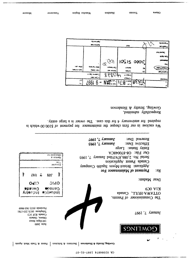 Canadian Patent Document 2086874. Fees 19970107. Image 1 of 1