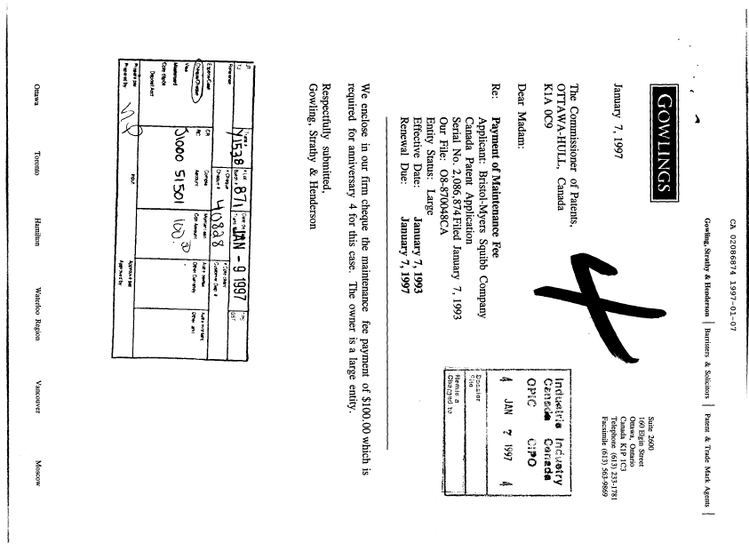 Document de brevet canadien 2086874. Taxes 19970107. Image 1 de 1