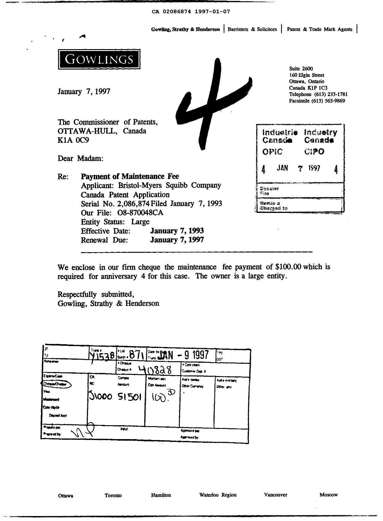 Document de brevet canadien 2086874. Taxes 19970107. Image 1 de 1