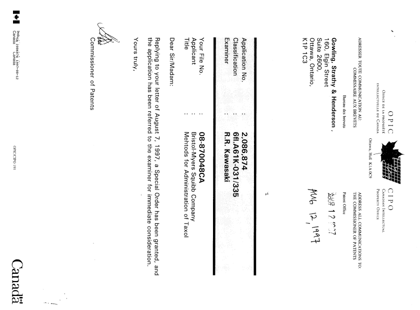 Document de brevet canadien 2086874. Lettre du bureau 19970812. Image 1 de 1