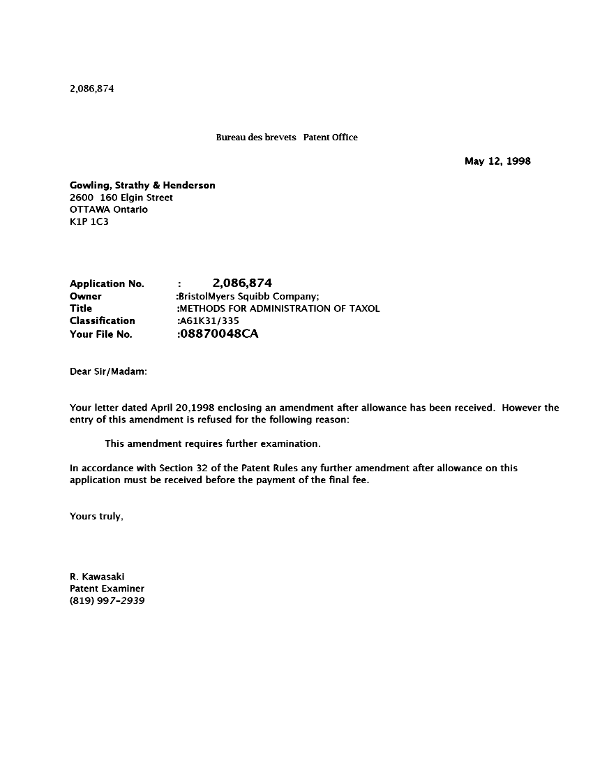 Document de brevet canadien 2086874. Poursuite-Amendment 19980512. Image 1 de 1