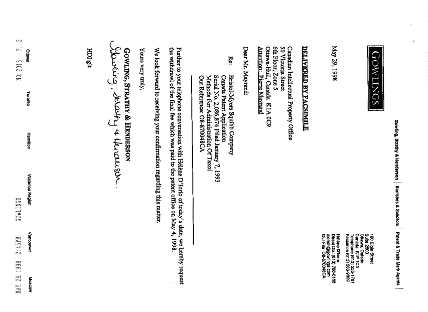 Document de brevet canadien 2086874. Correspondance 19980529. Image 1 de 1