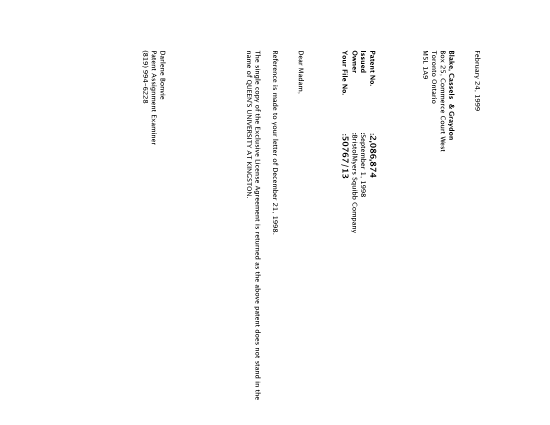 Document de brevet canadien 2086874. Correspondance 19990224. Image 1 de 1
