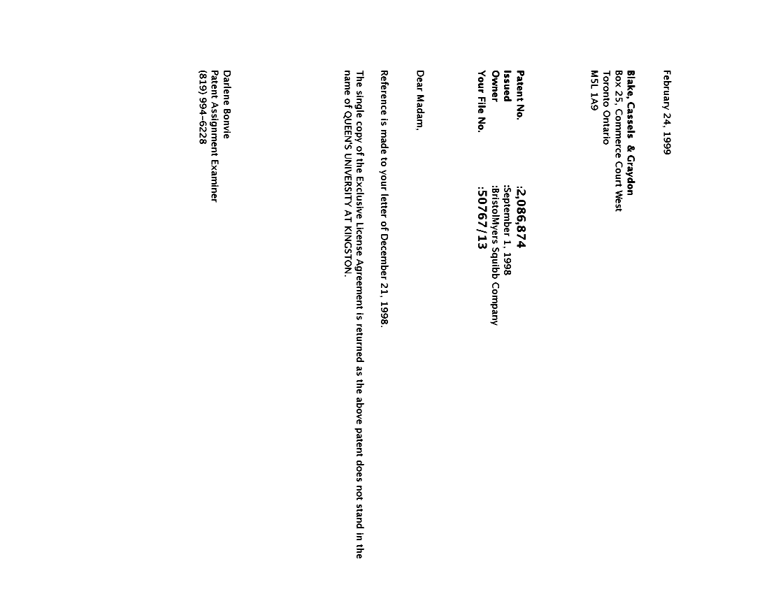 Canadian Patent Document 2086874. Correspondence 19990224. Image 1 of 1