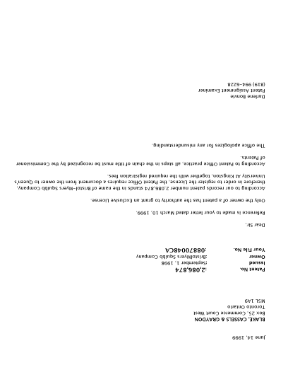Canadian Patent Document 2086874. Correspondence 19990614. Image 1 of 1