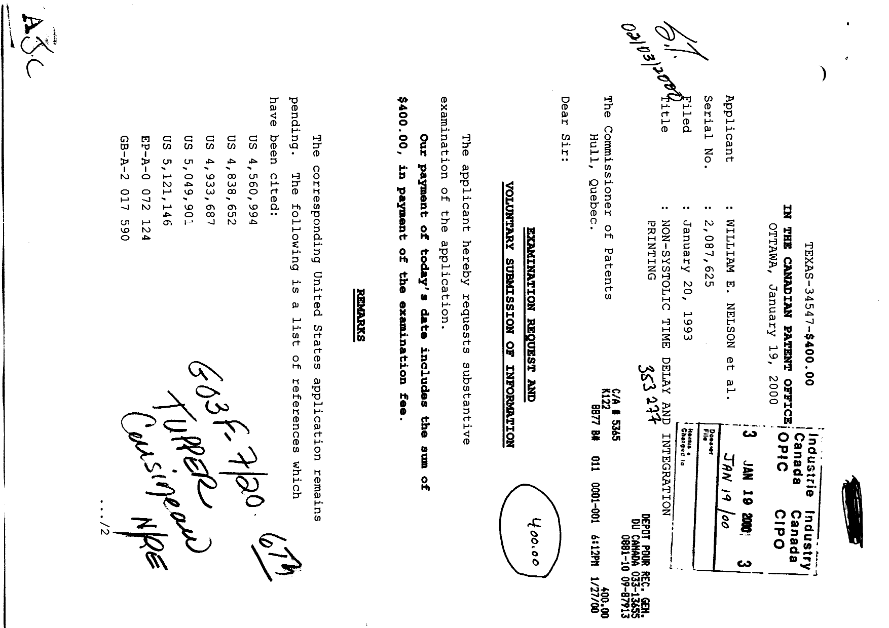 Canadian Patent Document 2087625. Prosecution-Amendment 20000119. Image 1 of 2