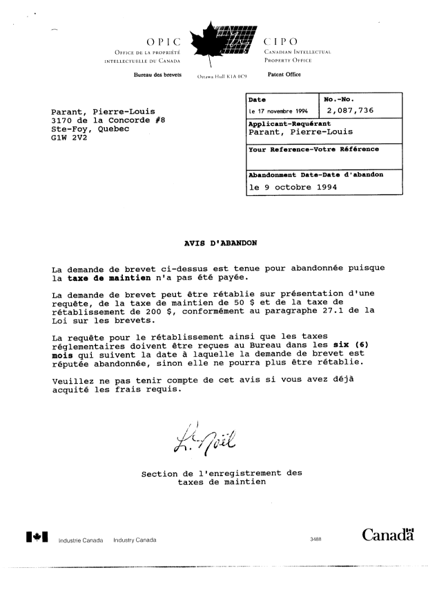 Canadian Patent Document 2087736. Fees 19941117. Image 1 of 6