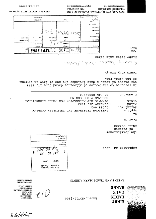 Canadian Patent Document 2088082. Correspondence 19980922. Image 1 of 1