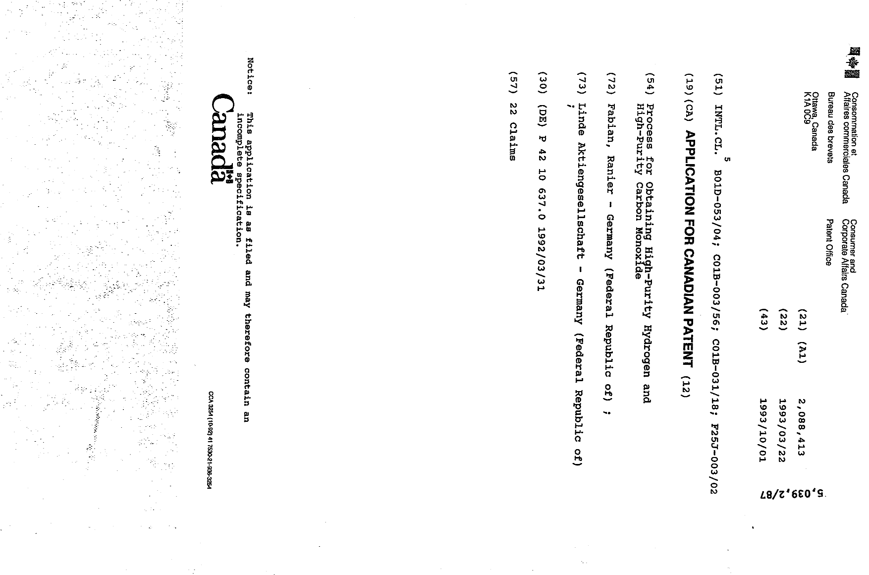 Canadian Patent Document 2088413. Cover Page 19931001. Image 1 of 1