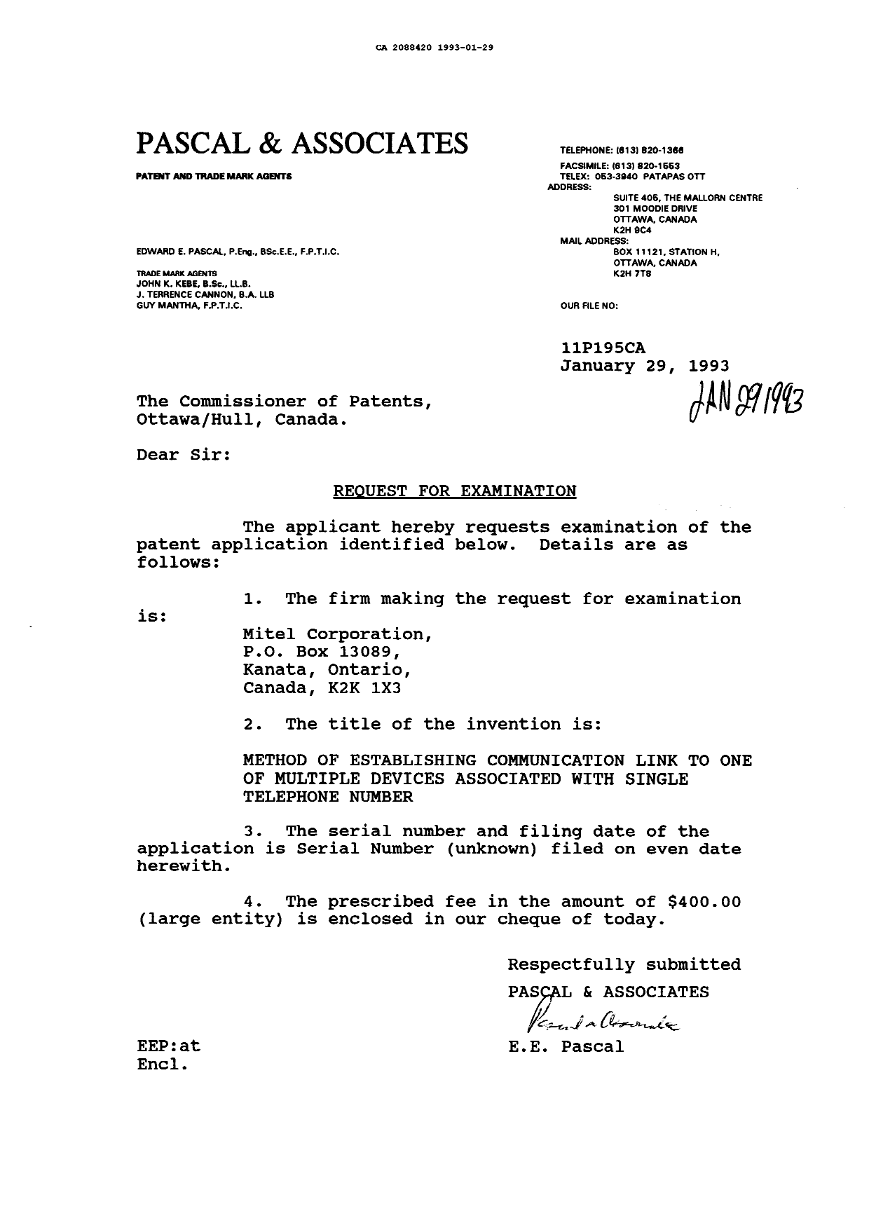Document de brevet canadien 2088420. Correspondance de la poursuite 19930129. Image 1 de 1