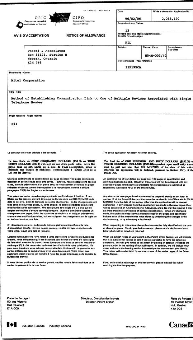 Document de brevet canadien 2088420. Correspondance de la poursuite 19930129. Image 2 de 8