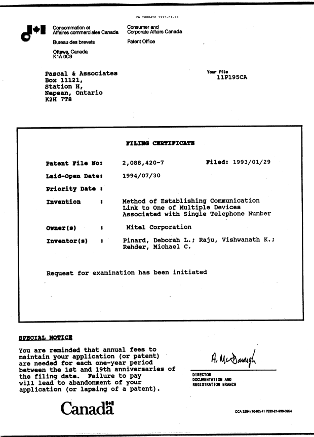 Document de brevet canadien 2088420. Correspondance de la poursuite 19930129. Image 8 de 8