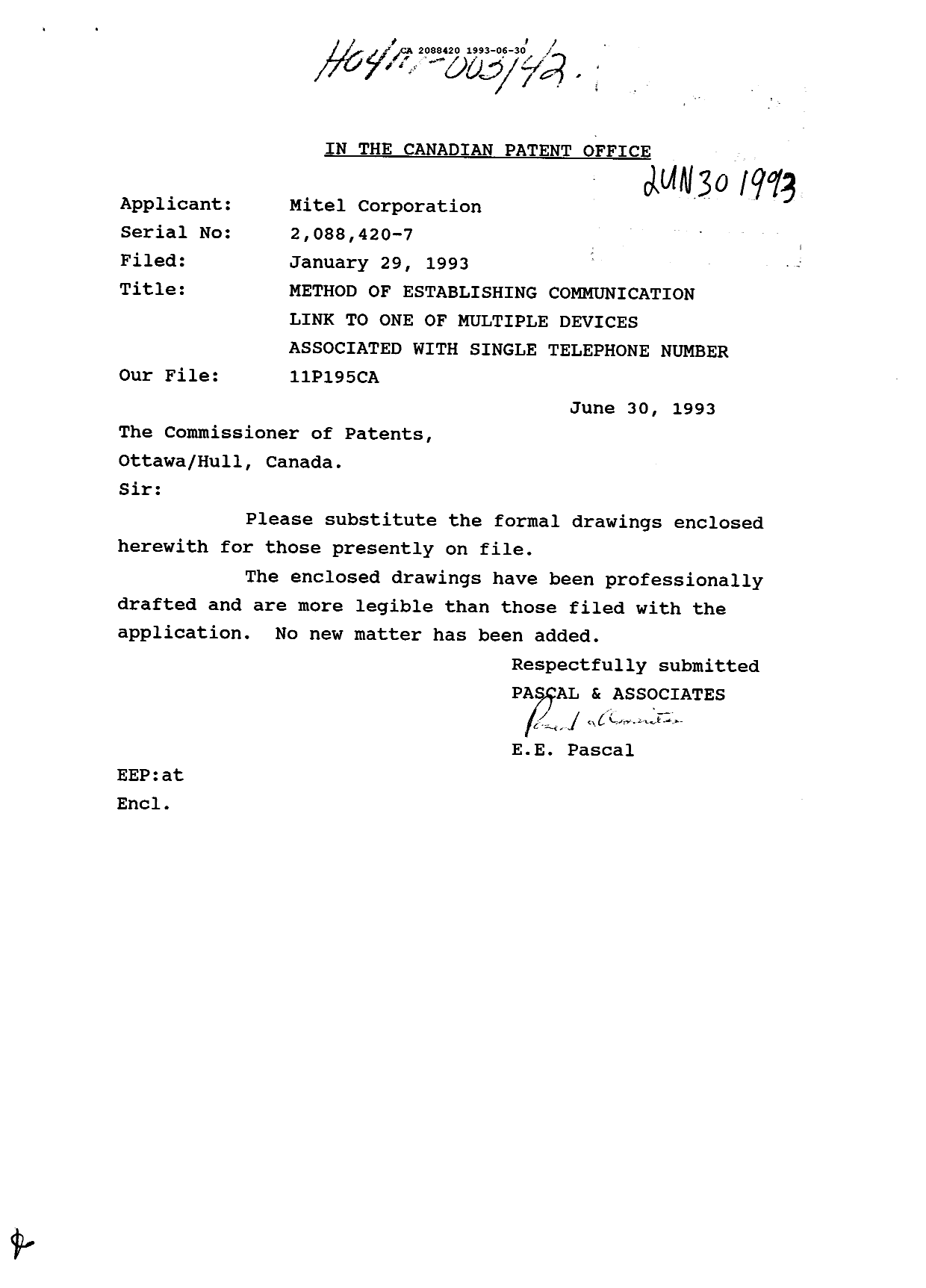 Canadian Patent Document 2088420. Prosecution Correspondence 19930630. Image 1 of 1