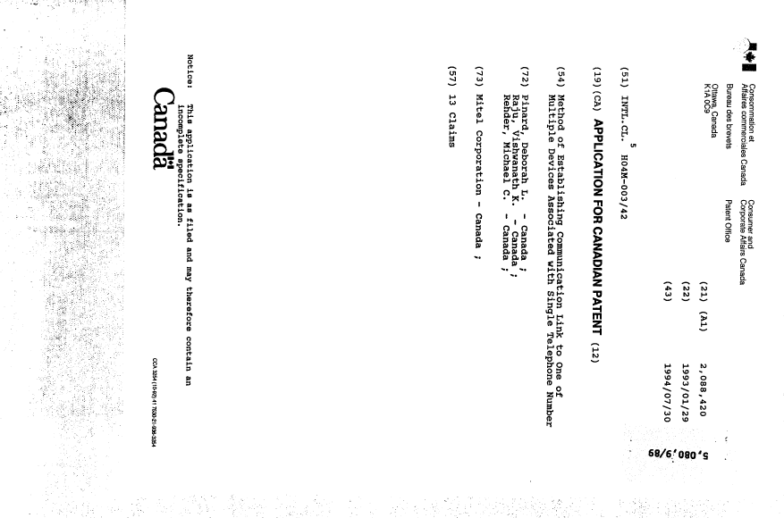 Canadian Patent Document 2088420. Cover Page 19950318. Image 1 of 1