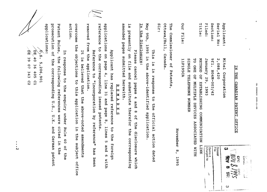 Document de brevet canadien 2088420. Correspondance de la poursuite 19951108. Image 1 de 2
