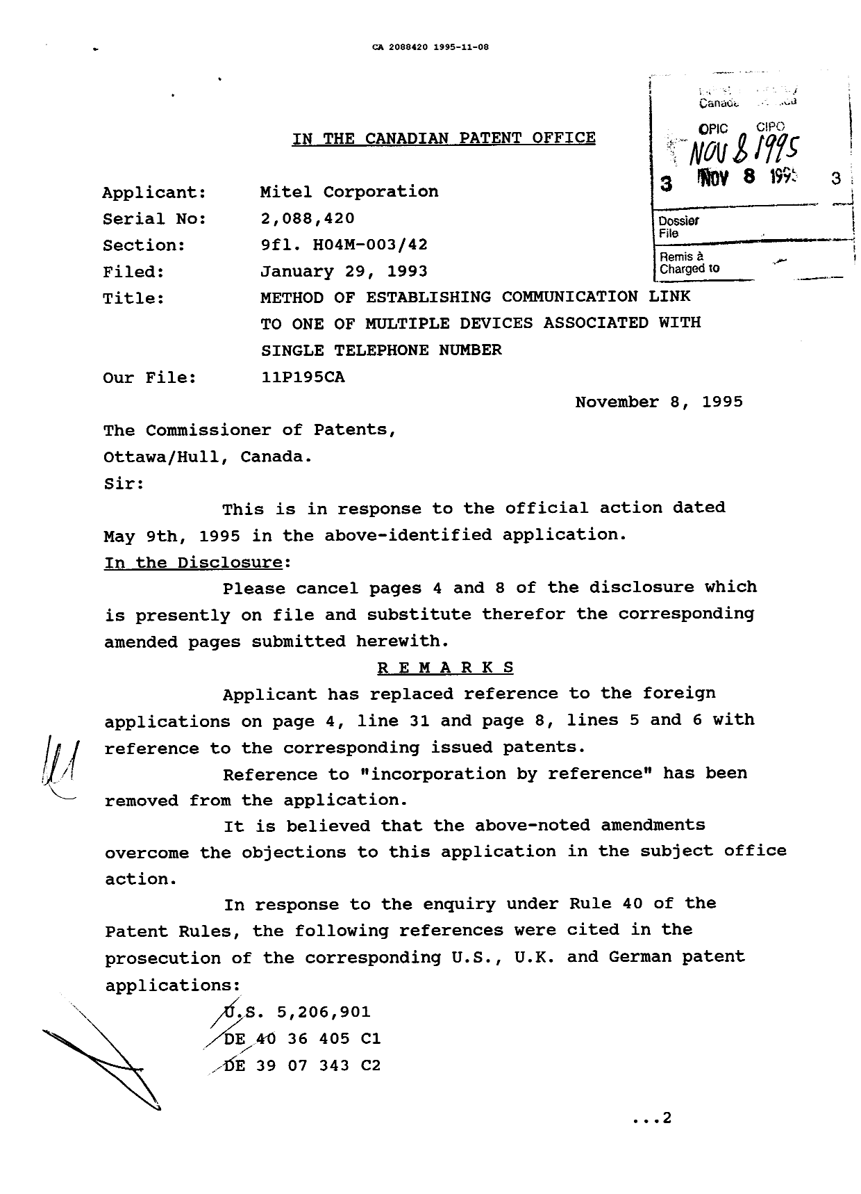 Document de brevet canadien 2088420. Correspondance de la poursuite 19951108. Image 1 de 2