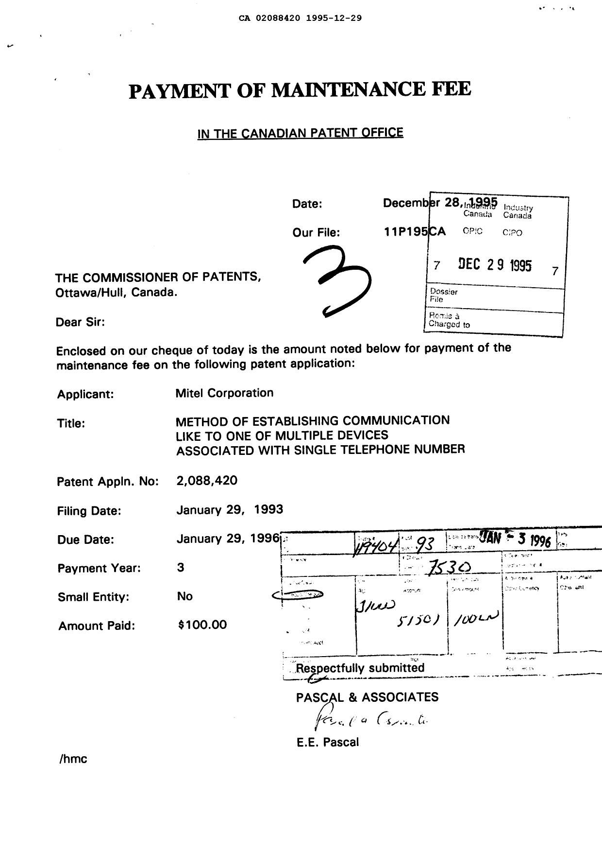 Document de brevet canadien 2088420. Taxes 19951229. Image 1 de 1