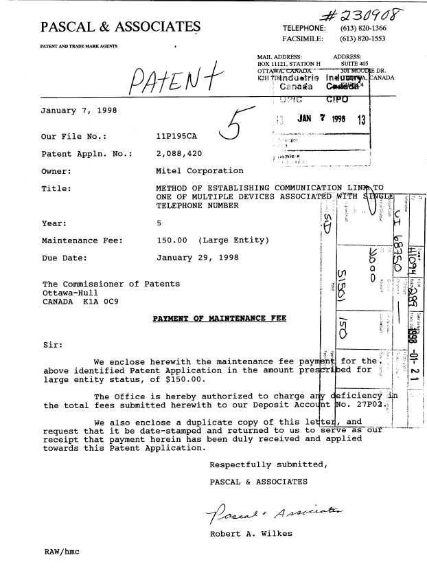 Canadian Patent Document 2088420. Fees 19980107. Image 1 of 1