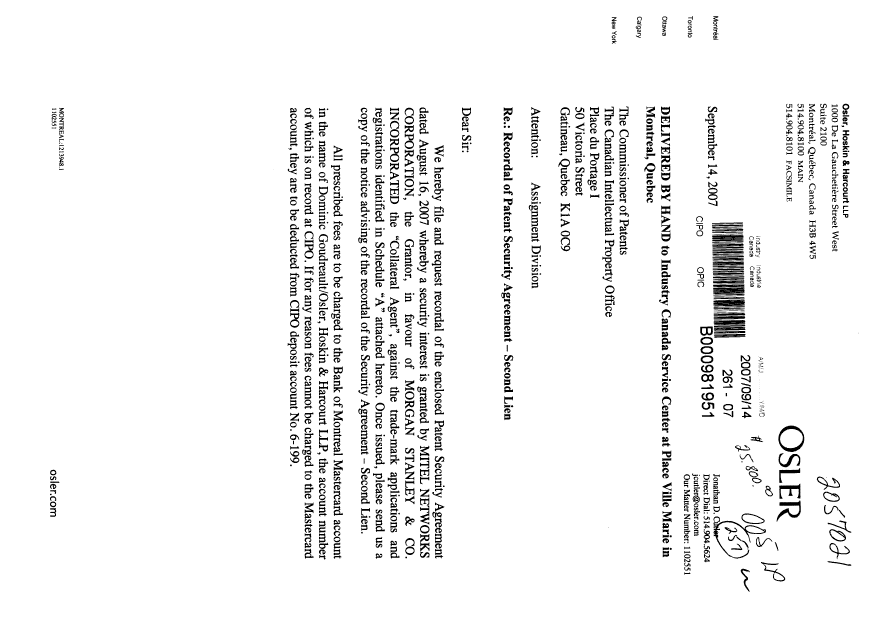 Document de brevet canadien 2088420. Cession 20070914. Image 1 de 39