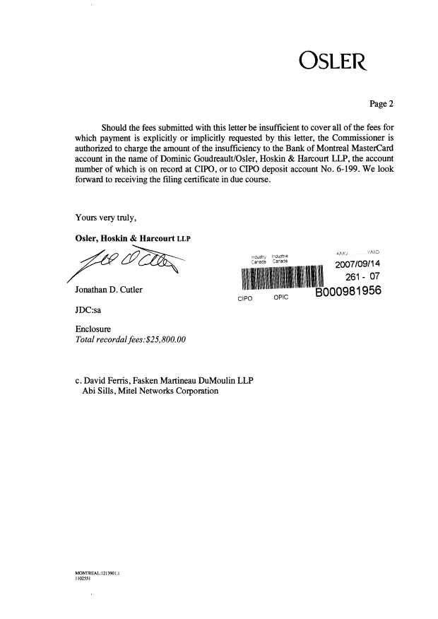 Document de brevet canadien 2088420. Cession 20070914. Image 2 de 39