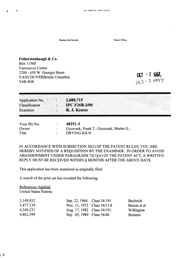 Document de brevet canadien 2088715. Demande d'examen 19971007. Image 1 de 2