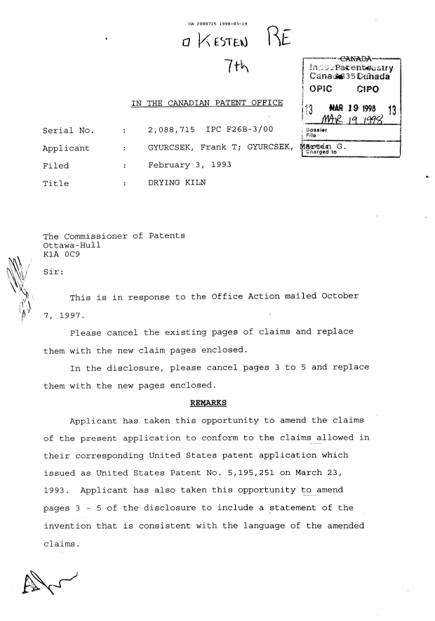 Document de brevet canadien 2088715. Correspondance de la poursuite 19980319. Image 1 de 3