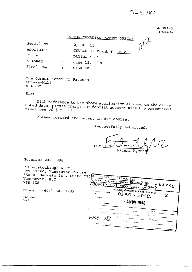 Document de brevet canadien 2088715. Correspondance 19981124. Image 1 de 1
