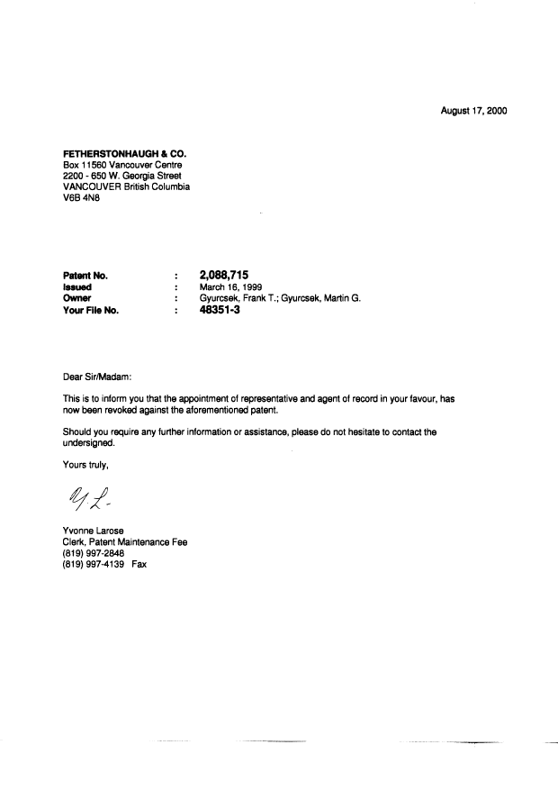 Document de brevet canadien 2088715. Correspondance 20000810. Image 3 de 3