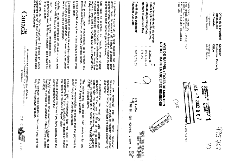 Canadian Patent Document 2088715. Fees 20020107. Image 1 of 1