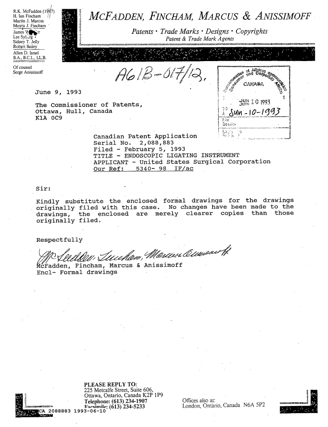 Canadian Patent Document 2088883. Prosecution Correspondence 19930610. Image 1 of 1