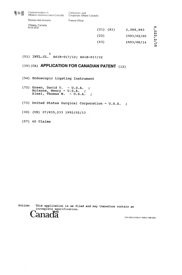 Canadian Patent Document 2088883. Cover Page 19930814. Image 1 of 1