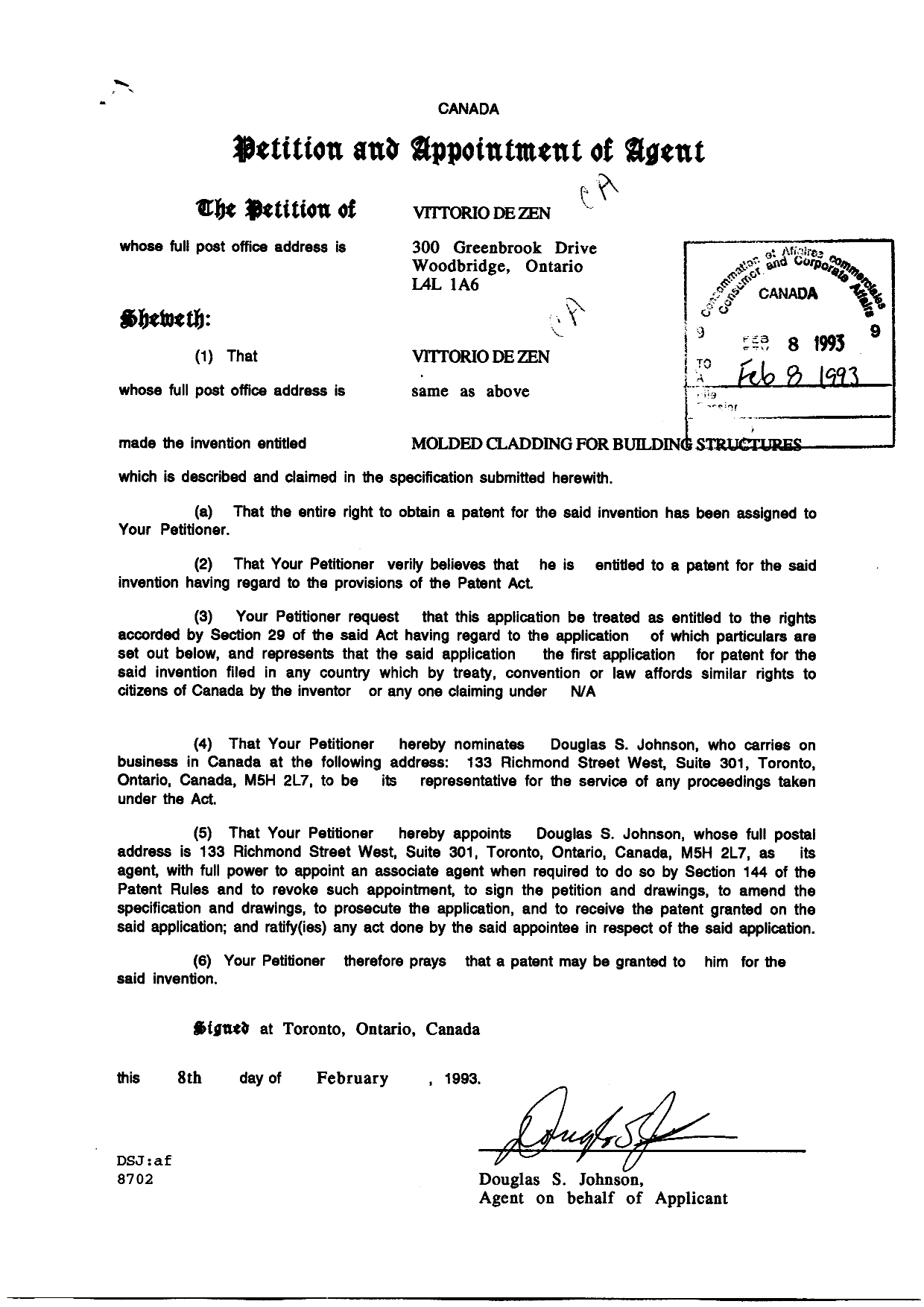 Canadian Patent Document 2089025. Assignment 19930208. Image 2 of 6