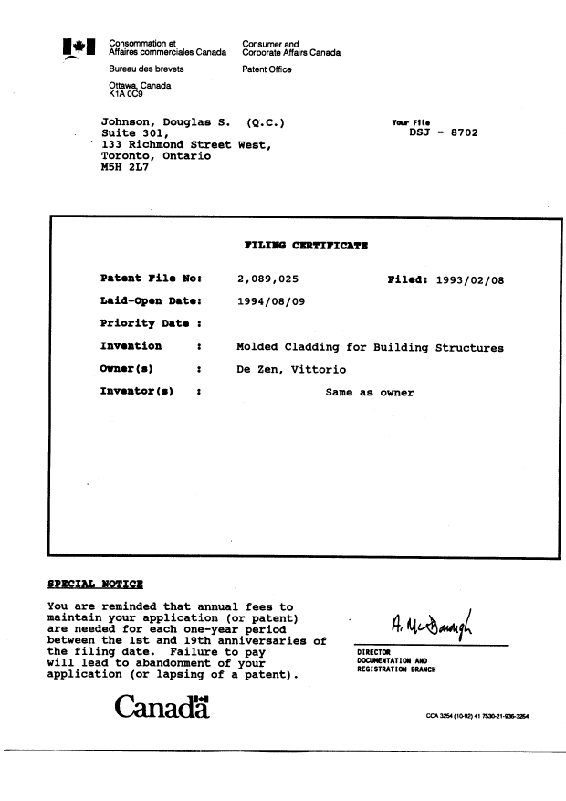 Document de brevet canadien 2089025. Cession 19930208. Image 6 de 6