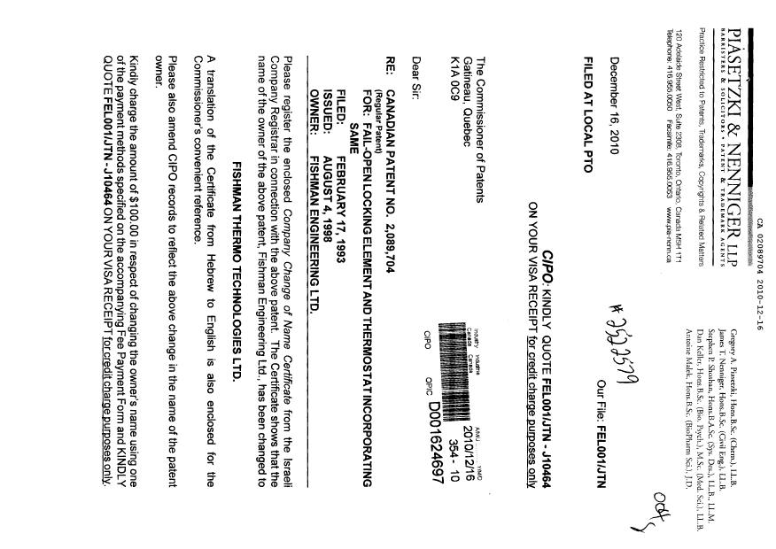 Document de brevet canadien 2089704. Cession 20101216. Image 1 de 4