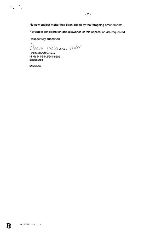 Document de brevet canadien 2089713. Correspondance de la poursuite 19981102. Image 2 de 2