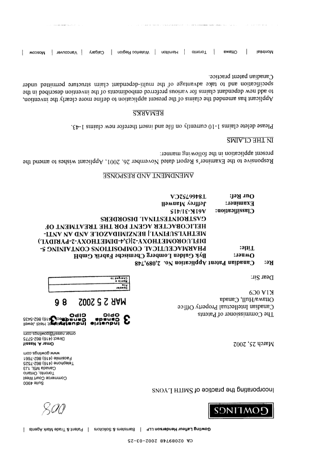 Document de brevet canadien 2089748. Poursuite-Amendment 20011225. Image 1 de 9