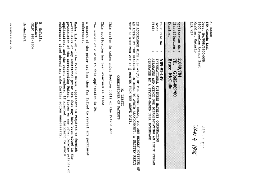 Document de brevet canadien 2089784. Lettre du bureau 19960104. Image 1 de 1