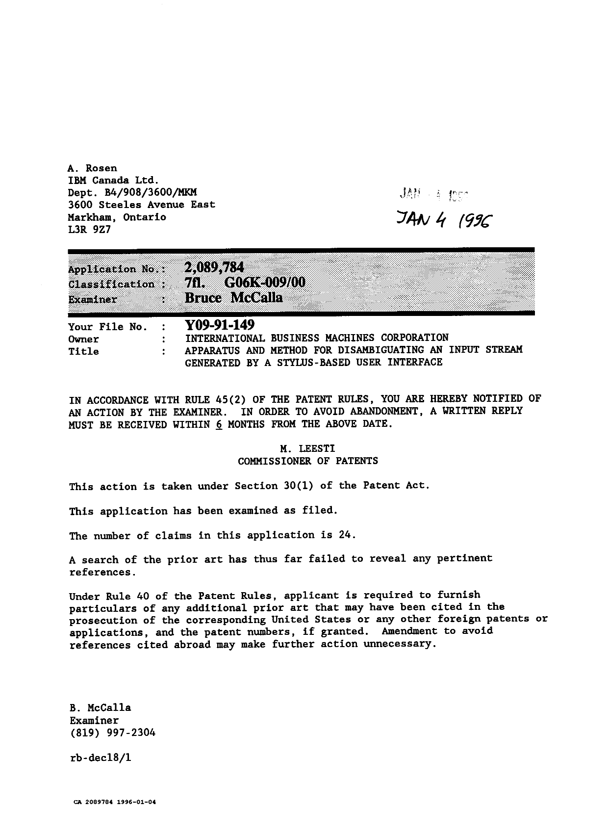 Canadian Patent Document 2089784. Office Letter 19960104. Image 1 of 1