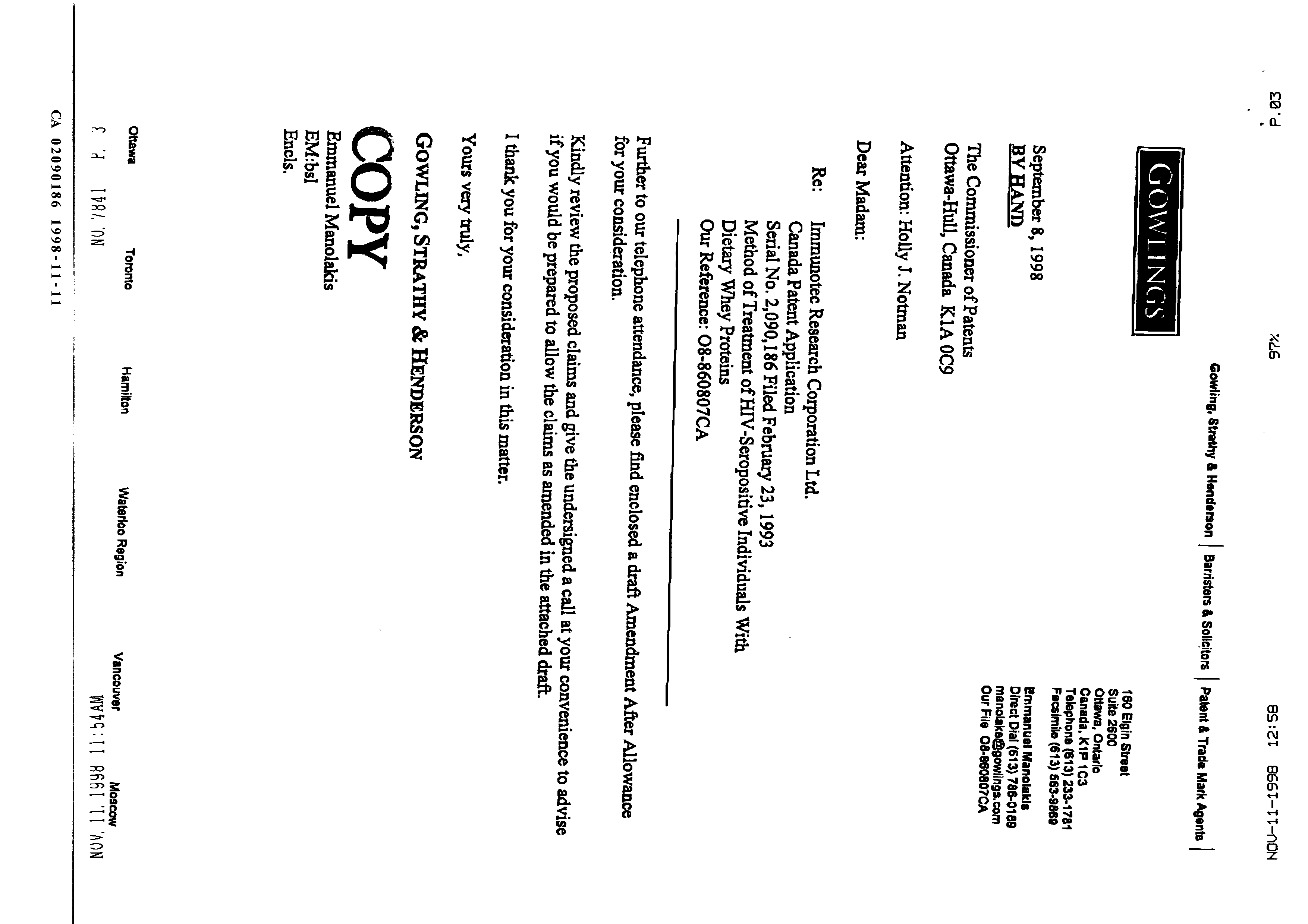Document de brevet canadien 2090186. Poursuite-Amendment 19971208. Image 1 de 7