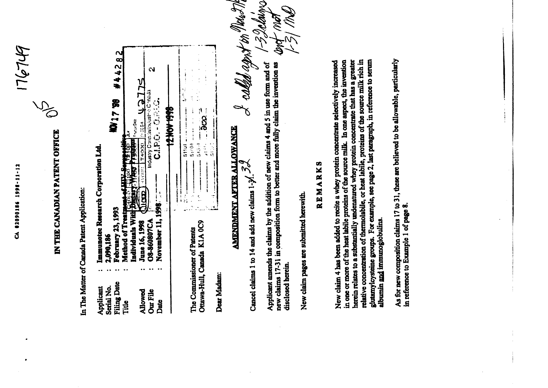 Canadian Patent Document 2090186. Prosecution-Amendment 19971212. Image 1 of 6