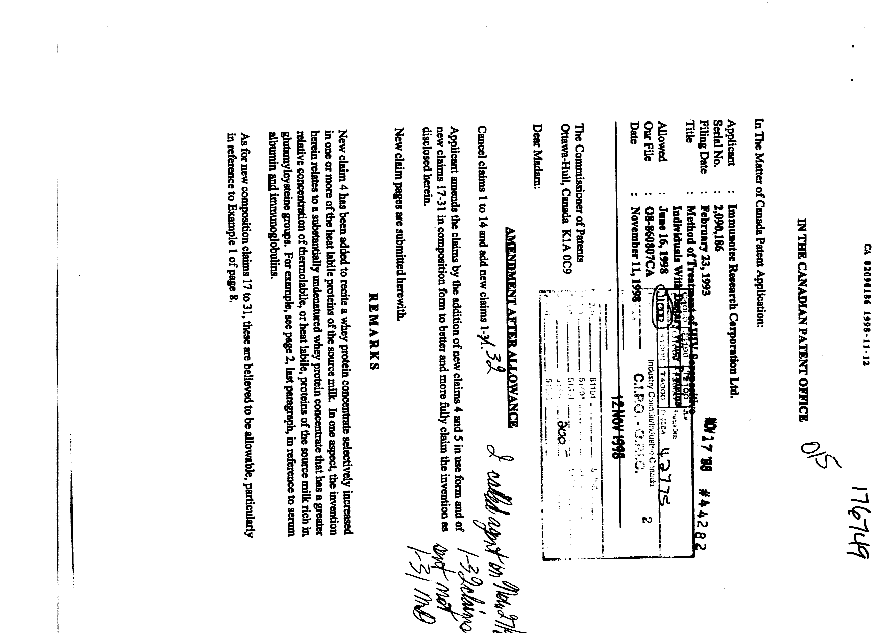 Document de brevet canadien 2090186. Poursuite-Amendment 19971212. Image 1 de 6