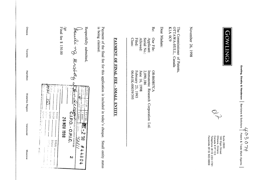 Document de brevet canadien 2090186. Correspondance 19971226. Image 1 de 1