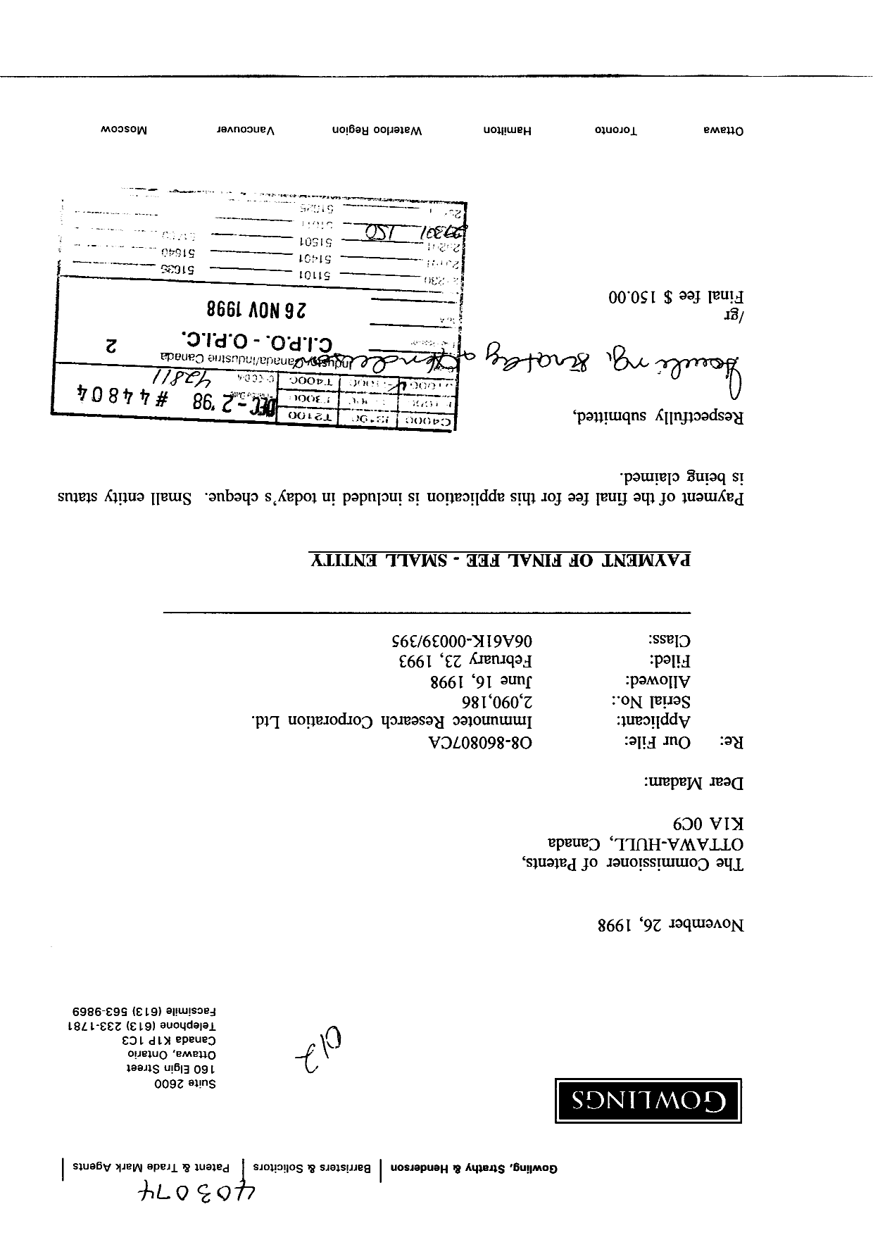 Document de brevet canadien 2090186. Correspondance 19971226. Image 1 de 1