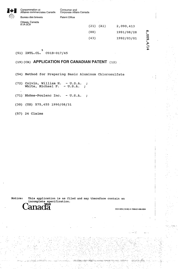 Canadian Patent Document 2090413. Cover Page 19920301. Image 1 of 1