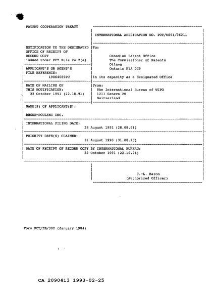 Canadian Patent Document 2090413. International Preliminary Examination Report 19930225. Image 1 of 3