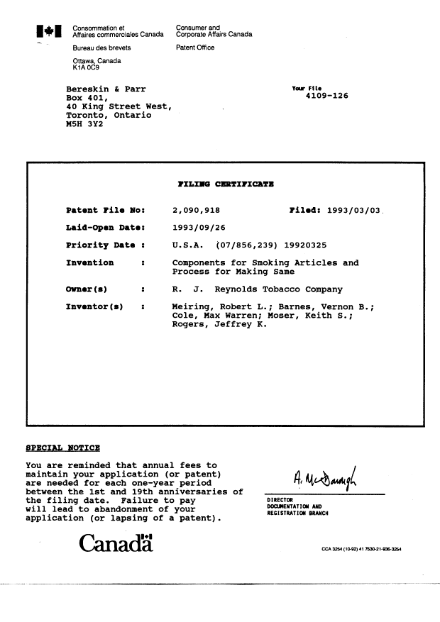 Canadian Patent Document 2090918. Assignment 19930303. Image 5 of 5